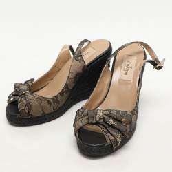 Valentino Black/Beige Lace Bow Slingback Wedge Espadrille Sandals Size 36.5