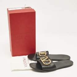 Pre Owned Valentino Black Leather VLogo Flat Slides Size 41