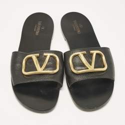Pre Owned Valentino Black Leather VLogo Flat Slides Size 41