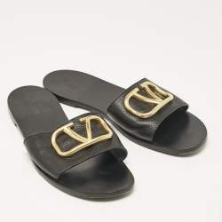 Pre Owned Valentino Black Leather VLogo Flat Slides Size 41