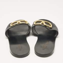 Pre Owned Valentino Black Leather VLogo Flat Slides Size 41