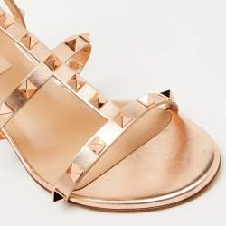 Pre Owned Valentino Metallic Leather Rockstud Ankle Strap Sandals Size 38