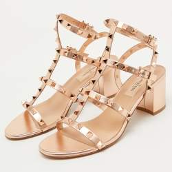 Pre Owned Valentino Metallic Leather Rockstud Ankle Strap Sandals Size 38