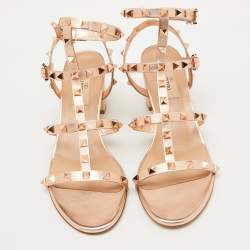 Pre Owned Valentino Metallic Leather Rockstud Ankle Strap Sandals Size 38