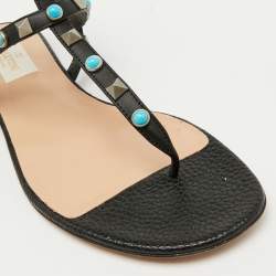 Valentino Black Leather Rolling Rockstud Ankle Strap Flat Sandals Size 38.5