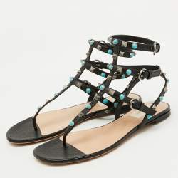 Valentino Black Leather Rolling Rockstud Ankle Strap Flat Sandals Size 38.5