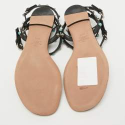Valentino Black Leather Rolling Rockstud Ankle Strap Flat Sandals Size 38.5