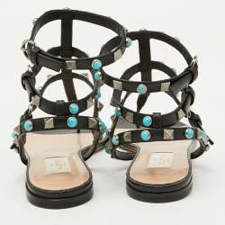 Valentino Black Leather Rolling Rockstud Ankle Strap Flat Sandals Size 38.5