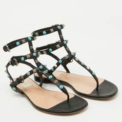 Valentino Black Leather Rolling Rockstud Ankle Strap Flat Sandals Size 38.5