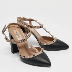 Pre Owned Valentino Black/Dusty Pink Leather Rockstud Caged Pumps Size 38