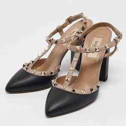 Pre Owned Valentino Black/Dusty Pink Leather Rockstud Caged Pumps Size 38