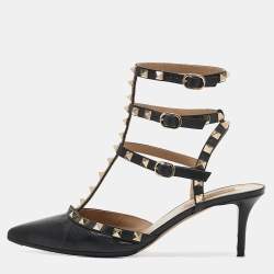 Pre Owned Valentino Black Leather Rockstud Caged Pumps Size 39