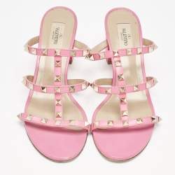 Pre Owned Valentino Pink Leather Rockstud Slide Sandals Size 40