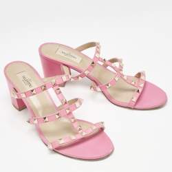Pre Owned Valentino Pink Leather Rockstud Slide Sandals Size 40