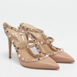 Pre Owned Valentino Beige Leather Rockstud Cage Pumps Size 36.5
