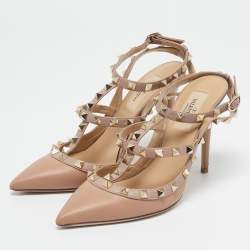 Pre Owned Valentino Beige Leather Rockstud Cage Pumps Size 36.5