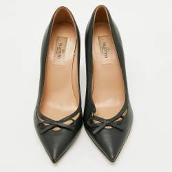 Pre Owned Valentino Dark Green Leather Bow Cut Out Pointed Toe Pumps Size 38.5