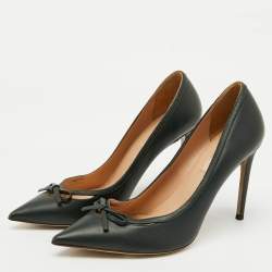 Pre Owned Valentino Dark Green Leather Bow Cut Out Pointed Toe Pumps Size 38.5