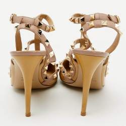 Valentino Beige/Pink Patent Leather Rockstud Ankle Strap Pumps Size 41