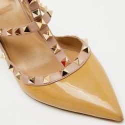Valentino Beige/Pink Patent Leather Rockstud Ankle Strap Pumps Size 41