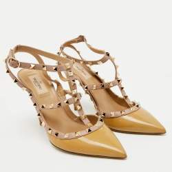 Valentino Beige/Pink Patent Leather Rockstud Ankle Strap Pumps Size 41