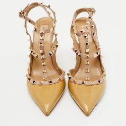Valentino Beige/Pink Patent Leather Rockstud Ankle Strap Pumps Size 41
