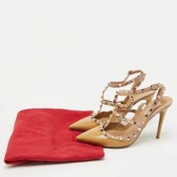 Valentino Beige/Pink Patent Leather Rockstud Ankle Strap Pumps Size 41