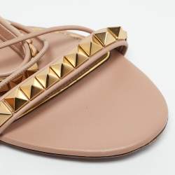 Valentino Beige Leather Rockstud Ankle Wrap Flat Sandals Size 39