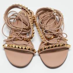 Valentino Beige Leather Rockstud Ankle Wrap Flat Sandals Size 39