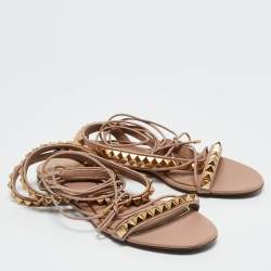 Valentino Beige Leather Rockstud Ankle Wrap Flat Sandals Size 39