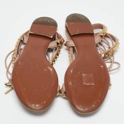 Valentino Beige Leather Rockstud Ankle Wrap Flat Sandals Size 39