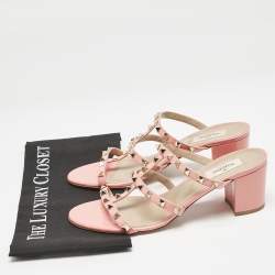 Pre Owned Valentino Pink Patent Rockstud Block Heel Slide Sandals Size 41