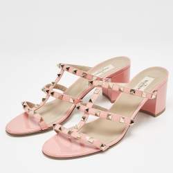 Pre Owned Valentino Pink Patent Rockstud Block Heel Slide Sandals Size 41