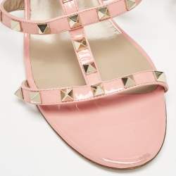 Pre Owned Valentino Pink Patent Rockstud Block Heel Slide Sandals Size 41