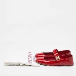 Pre Owned Valentino Red Patent Leather VLogo Locker Mary Jane Ballet Flats Size 37.5