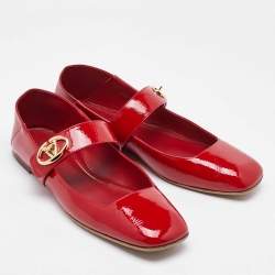 Pre Owned Valentino Red Patent Leather VLogo Locker Mary Jane Ballet Flats Size 37.5
