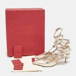 Pre Owned Valentino Gold Patent and Leather Rockstud Ankle Strap Pumps Size 37.5