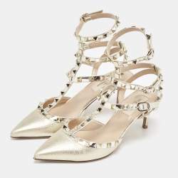 Pre Owned Valentino Gold Patent and Leather Rockstud Ankle Strap Pumps Size 37.5