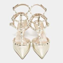 Pre Owned Valentino Gold Patent and Leather Rockstud Ankle Strap Pumps Size 37.5