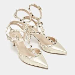 Pre Owned Valentino Gold Patent and Leather Rockstud Ankle Strap Pumps Size 37.5