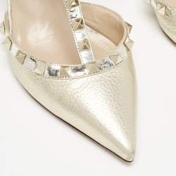 Pre Owned Valentino Gold Patent and Leather Rockstud Ankle Strap Pumps Size 37.5