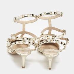 Pre Owned Valentino Gold Patent and Leather Rockstud Ankle Strap Pumps Size 37.5