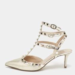 Pre Owned Valentino Gold Patent and Leather Rockstud Ankle Strap Pumps Size 37.5