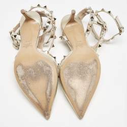 Pre Owned Valentino Gold Patent and Leather Rockstud Ankle Strap Pumps Size 37.5