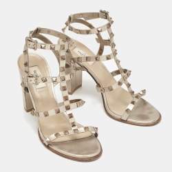 Valentino Metallic Gold Leather Rockstud Ankle Strap Sandals Size 40.5