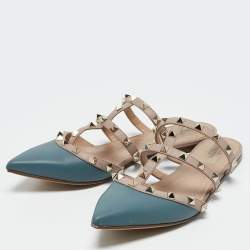 Valentino Beige/Blue Leather Pointed Toe Rockstud Flat Mules Size 39.5