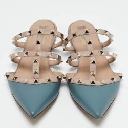 Valentino Beige/Blue Leather Pointed Toe Rockstud Flat Mules Size 39.5