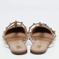Valentino Beige/Blue Leather Pointed Toe Rockstud Flat Mules Size 39.5