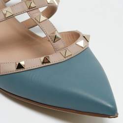 Valentino Beige/Blue Leather Pointed Toe Rockstud Flat Mules Size 39.5
