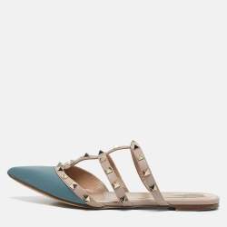 Valentino Beige/Blue Leather Pointed Toe Rockstud Flat Mules Size 39.5